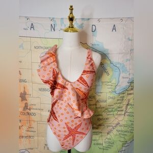 NWT Farm Rio Pink Starfish Ruffle Women's One Piece Swimsuit Size  S